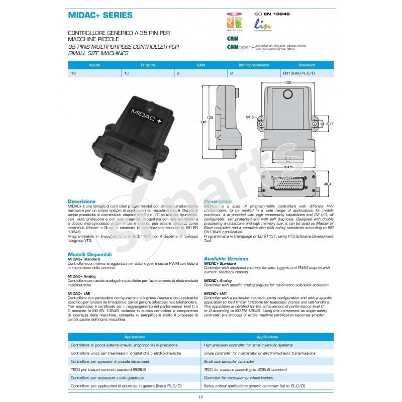 MIDAC+STANDARD : 35 PINS MULTIPURPOSE CONTROLLER FOR SMALL SIZE MACHINES